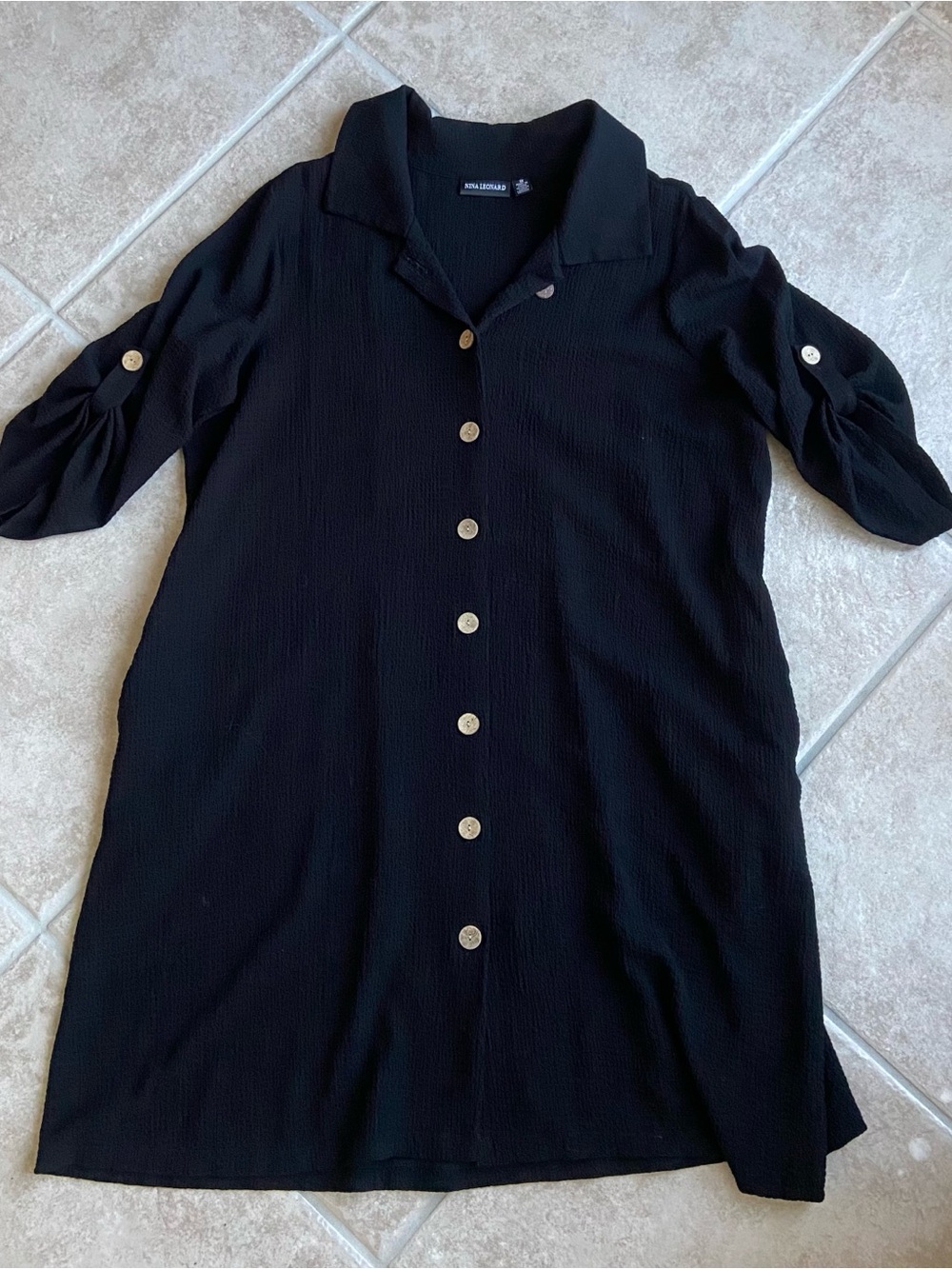 Nina Leonard Black Button-Front Long Sleeve Shirt Dress